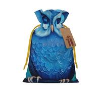 Blue Owl Printed Christmas Drawstring Bags Reusable Bag for Christmas Party Xmas Gift Wrapping, Yellow Ribbon, S