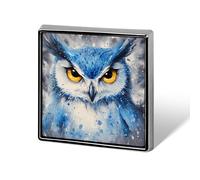 Blue Owl with Yellow Eyes Badge Pin Brooch Square Shape Button Aluminum Decor for Backpacks Hats 0.7 Inch