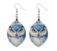 Blue Owl with Yellow Eyes Women's Earrings Wooden Pendant Dangle Jewelry Stylish Accessories for Party