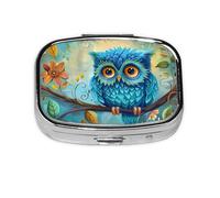 Blue Owl2_1 Square Mini Pill Case, Compact Metal Pocket Pill Box with 2 Compartments for Travel