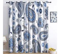 Blue Paisley Pattern Curtains Eyelet Ring Top Thermal Insulated Blackout Curtain with Traditional India Theme Window Drapes for Kids Boys Girls Bedroom Living Room 92" W x 72" L Drop 2 Panels