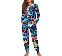Blue Pajamas for Women Long Sleeve Sleepwear Breathable 2 Piece Pjs Set Nightwear Set Drawstring Pant with Pocket Matching Outfits Clothing S-2XL