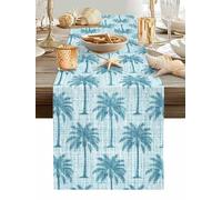 Blue Palm Tree Table Runner 48 Inches Long, Country Linen Texture Tropical Plant Coastal Washable Table Runners Heat-Insulation Kitchen Dining Table Decorations for Home Party Decor, 13"x48"