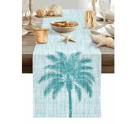 Blue Palm Tree Table Runner 48 Inches Long, Country Linen Texture Tropical Plant Vintage Washable Table Runners Heat-Insulation Kitchen Dining Table Decorations for Home Party Decor, 13"x48"