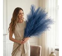 Blue Pampas Grass Large Fluffy, Tall Blue Feathers Bedroom Accessories Home Living Room, Faux Artificial Pampa Plant, Large Artificial Plants Ornaments For Tall Floor Vases 3 stems 116cm
