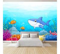 Blue Panoramic Custom Wallpaper Mural, Non-Woven Premium Cartoon Cute Animals Sharks Print Wallpaper Mural Poster Decoration 157 x 110 inch (W x H) for Bedroom Living Room Corridor