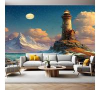 Blue Panoramic Mural Wallpaper 390 x 260 cm Lighthouse and sea Wall Mural Non-Woven Art Print Wallpaper Living Room Bedroom Sofa TV Backdrop Decoration Poster Picture Photo