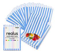 Blue Paper Sweet Bags 5 x 7” | REALUS 100pk Small Empty Sweets Bag | MADE IN BRITAIN | Retro Candy Stripe Sweetie Bags - Perfect for Kids Party, Pic n Mix Shop, Wedding Favours, Popcorn