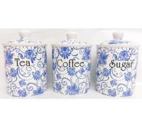 Blue Parisian Tea Coffee Sugar Canisters Fine Bone China Storage Jars Hand Decorated in UK
