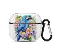 Blue Parrot in Flowers Bluetooth Earbuds Case Cover Full Body Shockproof Protection Hard Case Support Wireless Charging with Keychain Personalized Gift for AirPods 3