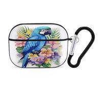 Blue Parrot in Flowers Earbuds Organizer Shockproof Protective Airpods Pro Cover with Carabiner Clip Anti Fall Carrying Earphone Case Cover for Airpods Pro 2nd Generation Black