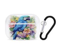 Blue Parrot in Flowers Earbuds Organizer Shockproof Protective Airpods Pro Cover with Carabiner Clip Anti Fall Carrying Earphone Case Cover for Airpods Pro 2nd Generation White