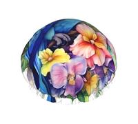 Blue Parrot in Flowers Shower Cap Reusable Elastic Bath Caps Waterproof Bath Hair Hat for Women Men Spa Salon Large Shower Bonnet Double Layer Bathing Hair Cap for Long Hair, Braids