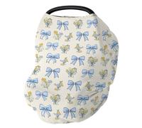Blue Pastel Floral Bows Car Seat Cover for Babies Cute Spring Flowers Easter Stretchy 5-in-1 Covers Adjustable Infant Carseat Canopy Cover Colorful Spring Garden Breathable Nursing Cover-Up