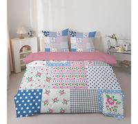 Blue Patchwork Single Duvet, Anti Allergy Coverless Duvet Single for All Seasons, 7.5 Tog Floral Plaid Reversible Bed Quilts Set - Soft & Washable Bedding Comforter with 2 Pillowcases