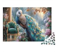 Blue Peacock 1000 Pcs Recycled Cardboard DIY Jigsaw Puzzle Indoor-outdoor Fusion Scene Gift Cognitive Stimulation Group Activity Unique Pattern 52x38cm/1000pcs