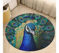 Blue Peacock Area Rug Washable Circle Carpet Non-Slip Round Floor Rug Small Low Pile Waterproof Print Door Mat Pad Decor for Bedroom Living Room Bathroom Kitchen 60 * 60cm