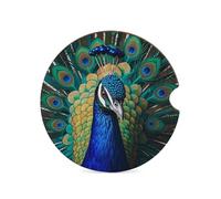 Blue Peacock Car Coasters for Cup Holder Wood Absorbent Cup Coaster 2.6 Inch Universal Non Slip Cork Base Drink Coaster Auto Interior Accessories for Women Men 1PCS