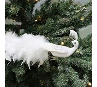 Blue Peacock Christmas Tree Topper Pink Flamingo Decor, Elegant White Feather Swan Pendants Christmas Tree Decorations for Christmas Holiday Party Home Decor Ornament (White Peacock, 15.75In 1pc)