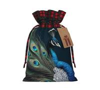 Blue Peacock Feather Christmas Gift Bags with Tags & Ribbon Ties, Xmas Drawstring Candy Treat Bag Buffalo Plaid Christmas Gifts Sacks Reusable Gift Wrapping Bags for Holiday Party Favors Small