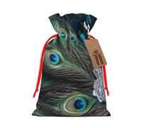 Blue Peacock Feather Christmas Gift Bags with Tags & Ribbon Ties, Xmas Drawstring Candy Treat Bag Christmas Gifts Sacks Reusable Gift Wrapping Bags for Holiday Party Favors Small