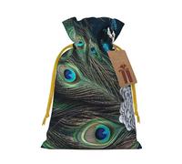 Blue Peacock Feather Christmas Gift Bags with Tags & Ribbon Ties, Xmas Drawstring Candy Treat Bag Christmas Gifts Sacks Reusable Gift Wrapping Bags for Holiday Party Favors Small