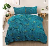 Blue Peacock Feather Duvet Cover Set, Elegant Peacock Reversible Bedding Set, Luxury Feather Polycotton 3 pcs Lightweight Premium Quilt Cover Set for All Seasons With Zipper (Modern Abstract, Single)