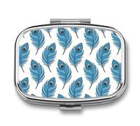Blue Peacock Feather Pill Box 2 Compartments Portable Travel Pill Case Mini Medicine Organizer for Pocket Purse Metal Waterproof Medicine Container Holder Vitamin Fish Oil
