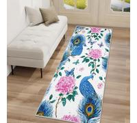 Blue Peacock Floral Hallway Runner Rug 60x120cm Long Washable, Boho Pink Flower Bird Carpet Runner Rugs Non Slip, Kitchen Entryway Hall Bedroom Decor, Soft Low Pile WFJ74