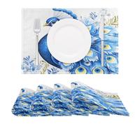 Blue Peacock Flower Feather Bird Placemats Set of 4 Table Mats Heat Resistant Non-Slip Place Mats for Kitchen Dining Table Decoration, 30 x 45cm