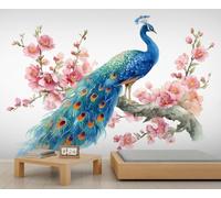 Blue Peacock Flower Wallpaper Cherry Blossom Decorative Wallpaper Elegant Animal Peacock Wall Paper Mural Watercolor Vibrant Flower Kids Wall Paper for Bedroom Living Room Mural Poster 500X300cm