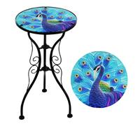 Geezy Garden Glass Round Coffee Table Blue Peacock Design Mosaic Patio Table