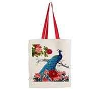 Blue Peacock in Right with Peony Flower Christmas, Birthday, Friendship Day Shoulder Bag Shopping Shoppers Tote Bag Tote Bag Cotton Shopping Bag. (Red Handle)