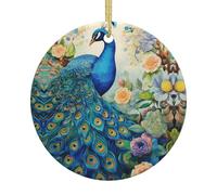 Blue Peacock in the Enchanted Forest Printed Double Sided Christmas Ceramic Ornaments Festive Holiday Pendants for Tree & Home Decor