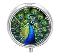 Blue Peacock Pill Box Round Portable Small Pill Case Waterproof Travel Pill Box Organizer for Pocket Purse and Daily Convenience