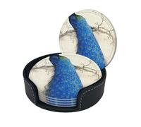 Blue Peacock Print Coasters For Drinks With Holder Set Of 6, Pu Leather Coasters Drink Coasters Cup Pad Mats