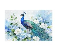 Blue Peacock Puzzles Flower for Adults 1000 Pieces, Beautiful Bird Art Jigsaw Puzzles 1000 Pieces Nature, Fantasy Green Peacock Painting Puzzle