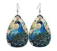 Blue Peacock Standing Among Flowers Teardrop Leather Earrings, Women'S Accessories, Versatile Earrings Suitable For Commuting And Travel.