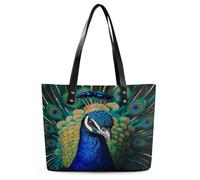 Blue Peacock Tote Bag Large Soft Leather Purse with Zipper Lightweight Ladies Shoulder Handbag