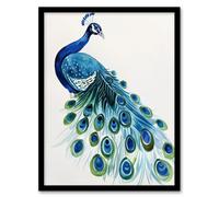 Blue Peafowl Peacock Tail Feathers Watercolour Framed Wall Art Artery8 Blue A4