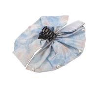 Blue Pearl Ponytail Claw Clip, Vintage Chinese Hair Accessory for Women | Faux Pearl Fabric Plastic, Widened Curve, Flexible Metal Teeth, Gentle Secure Grip for Work Travel without Marks
