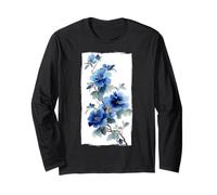Blue Peony Watercolor Flower Japanese Ink Wash Style Long Sleeve T-Shirt