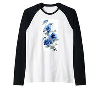 Blue Peony Watercolor Flower Japanese Ink Wash Style Raglan Baseball Tee