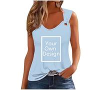 Blue Personalised Tank Tops for Women Custom T Shirt Summer Vest Tops Create Your Own T Shirt Customised Tank V Neck Sleeveless Loose Blouses Personalised Text and Image