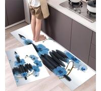 Blue Phalaenopsis Orchid Pebble Rugs for Kitchen Floor, 2 PCS Spa-Inspired Zen Style Kitchen Mat, Cushioned Non-slip Runner Mats Comfort Standing Mats Potted Plants Floor Carpet, 40x60cm+40x120cm