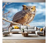 Blue Photo Wallpaper 3D Effect Animal owl Mural Wallpaper Non-Woven Wall Mural, 350 x 256 cm Large Murals Wall Decor for Bedroom, Living Room, Kids Room