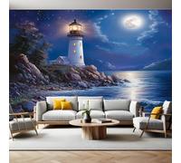 Blue Photo Wallpaper 3D Effect Sea and Lighthouse Mural Wallpaper Non-Woven Wall Mural, 350 x 256 cm Large Murals Wall Decor for Bedroom, Living Room, Kids Room