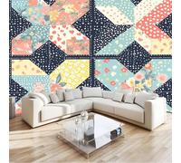 Blue Photo Wallpaper Mural 400 x 280 cm - Large 3D Retro Floral Polka Dot Patchwork Non-Woven Wall Covering for Hallway Office TV Background, Durable DIY Wall Decor (Not Self-Adhesive)