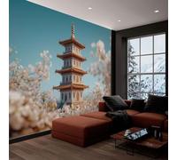 Blue Photo Wallpaper Wall Mural 250 x 175 cm Chinese Architectural Flowers Non-Woven Poster, Modern Eco-Friendly Photo Wallpaper and Wall Mural Picture for Living Room, Bedroom