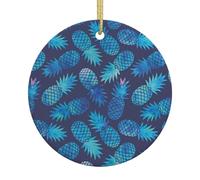 Blue Pineapple Double-Sided Printed Christmas Ceramic Round Ornament With Gold Hanging Cord-Festive Holiday Decoration For Home,Store